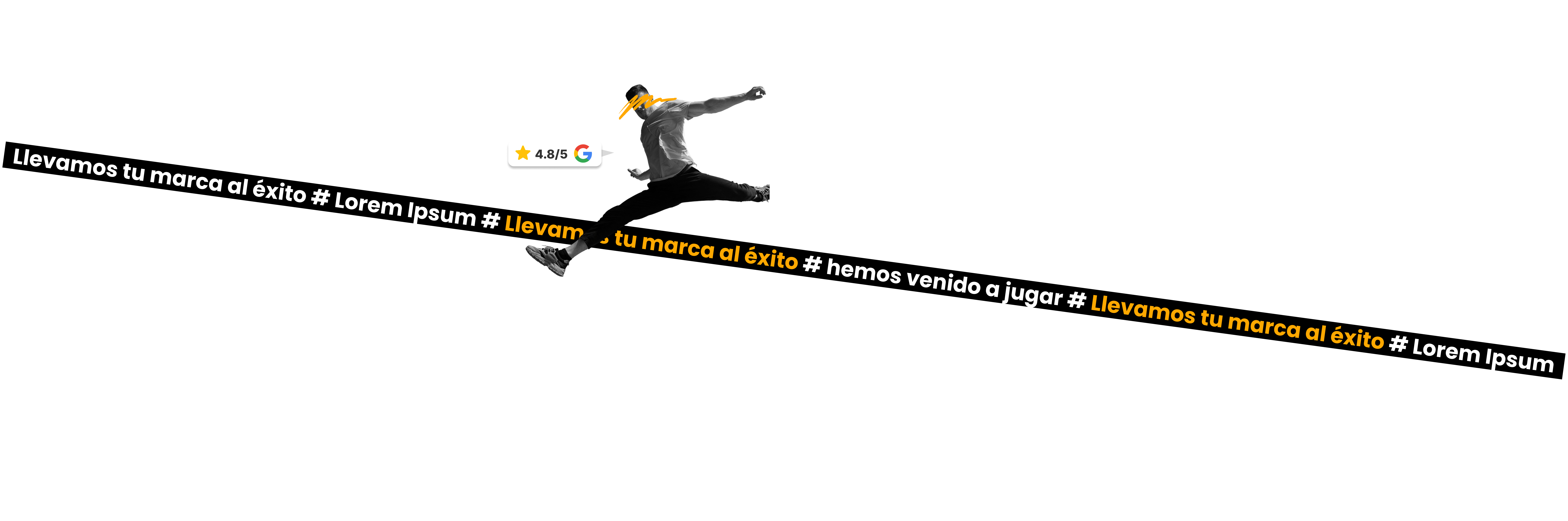 Persona saltando con valoración de Google y mensaje Hemos venido a jugar de NeoAttack