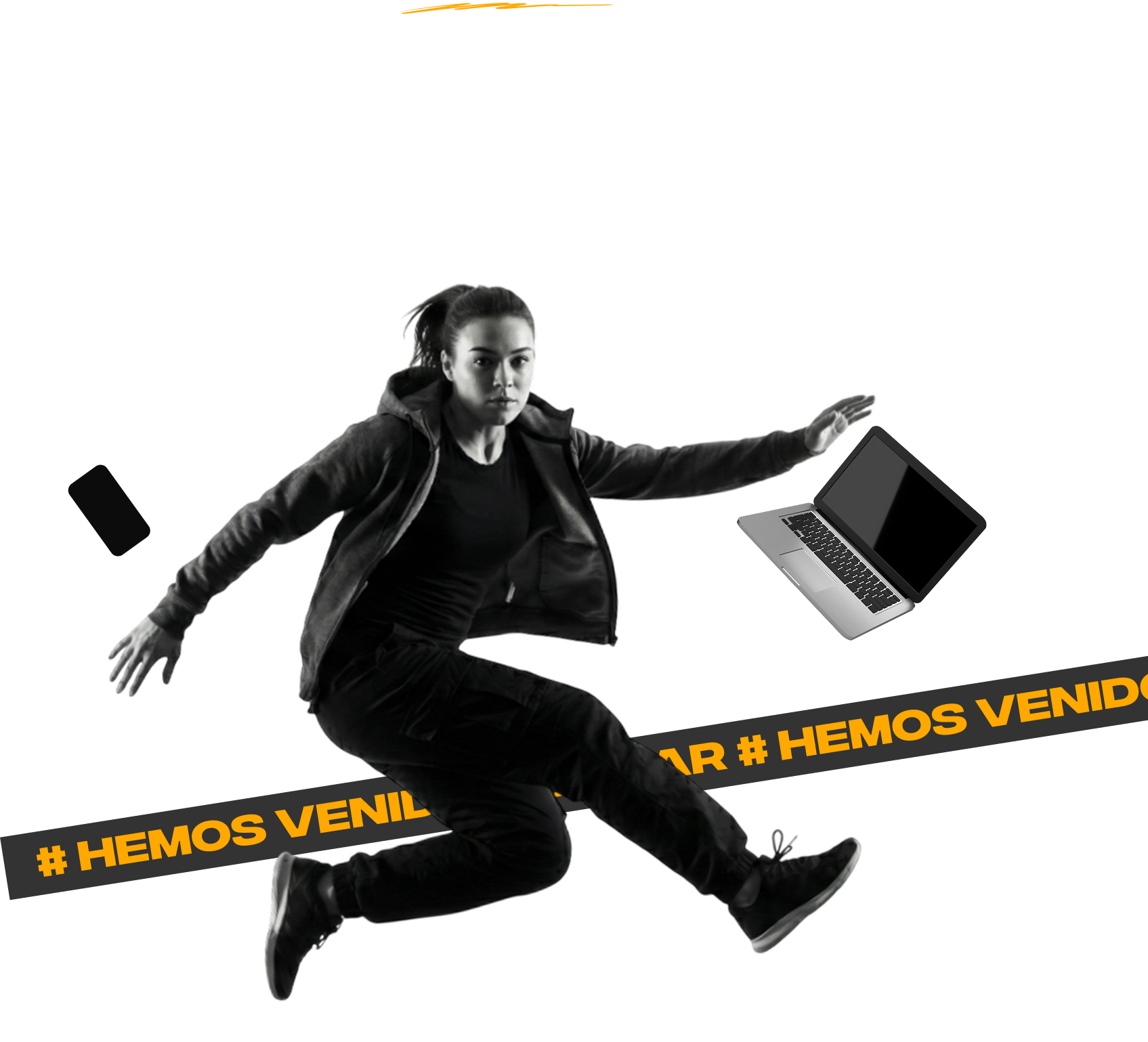 Persona saltando con un portátil y banda de Newsletter NeoAttack