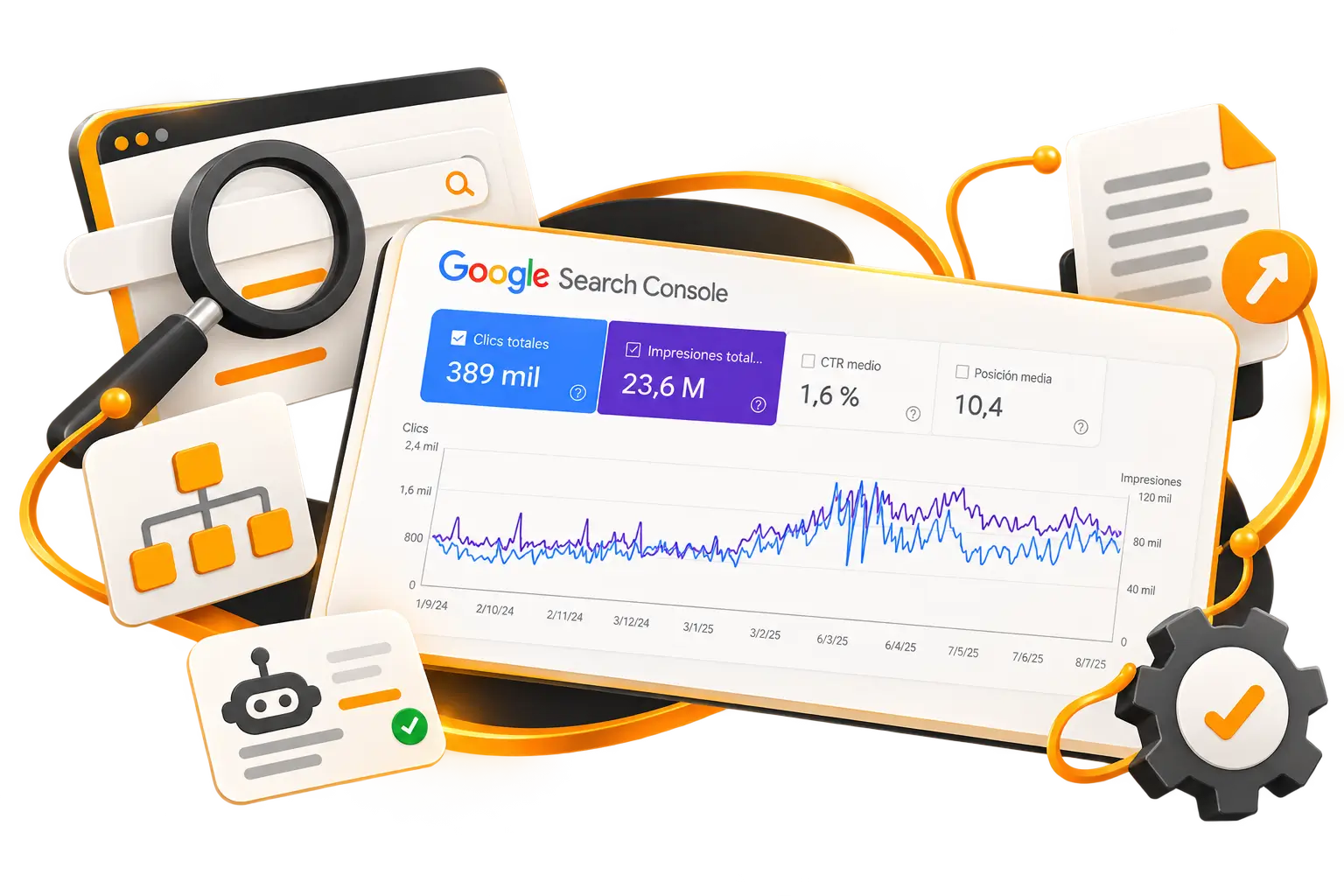 Ilustración de una gráfica de Google Search Console con iconos de auditoría y arquitectura web