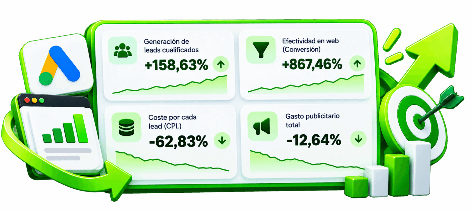 Evolución en Google Ads: +158,63 % de leads cualificados, +867,46 % de conversión web, −62,83 % de coste por lead y −12,64 % de gasto publicitario