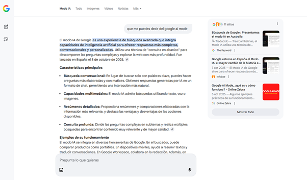 ejemplo de respuesta del Google AI Mode