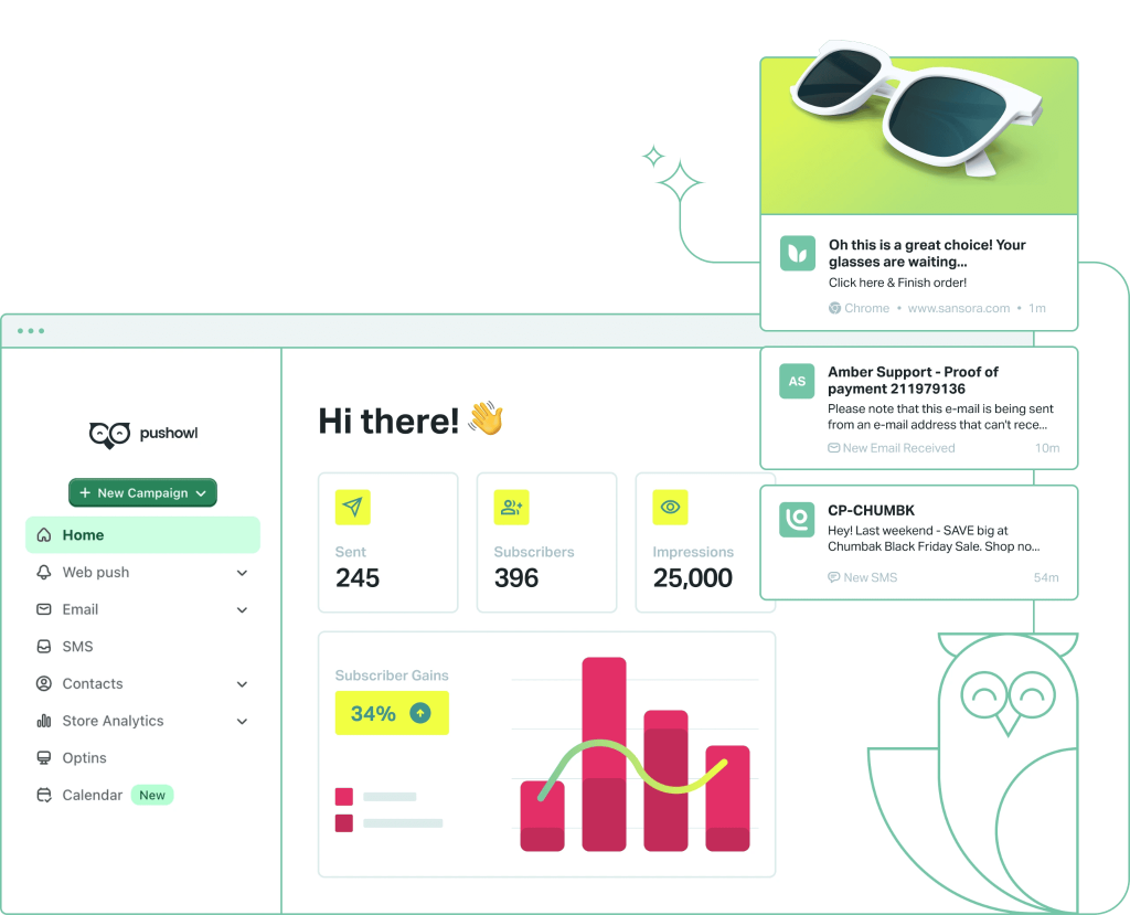 Dashboard de gestión de Push Owl para notificaciones web push en Shopify.