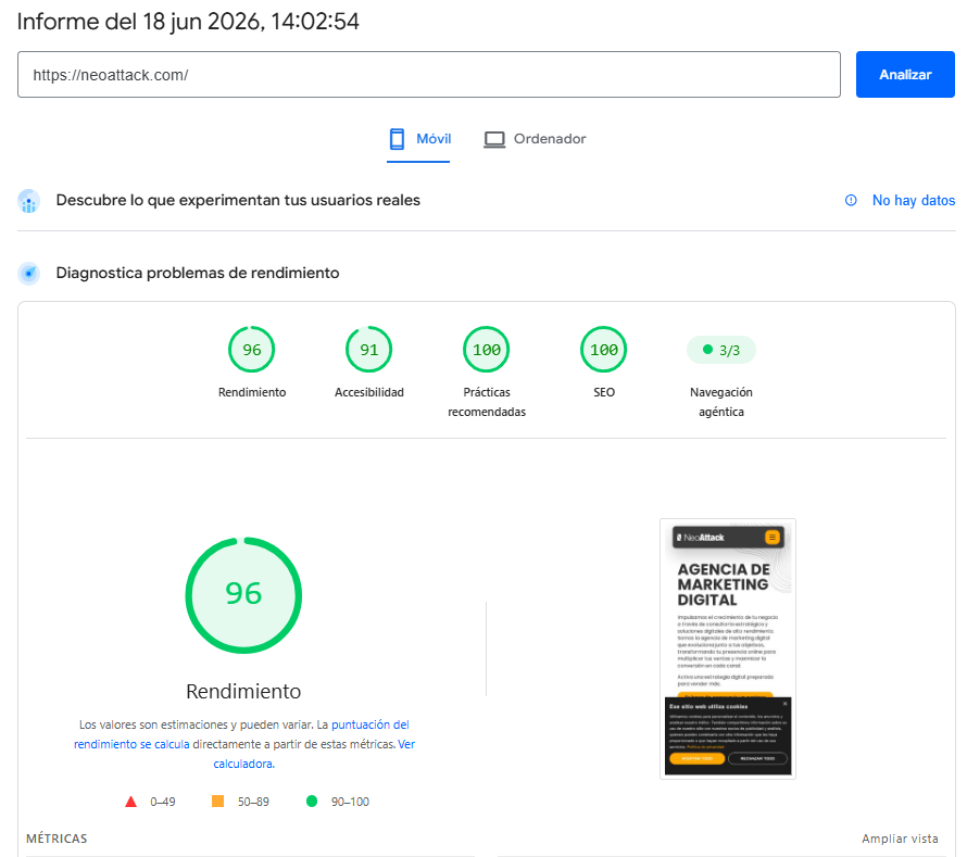 Informe Pagespeed Insights - Navegacion agéntica