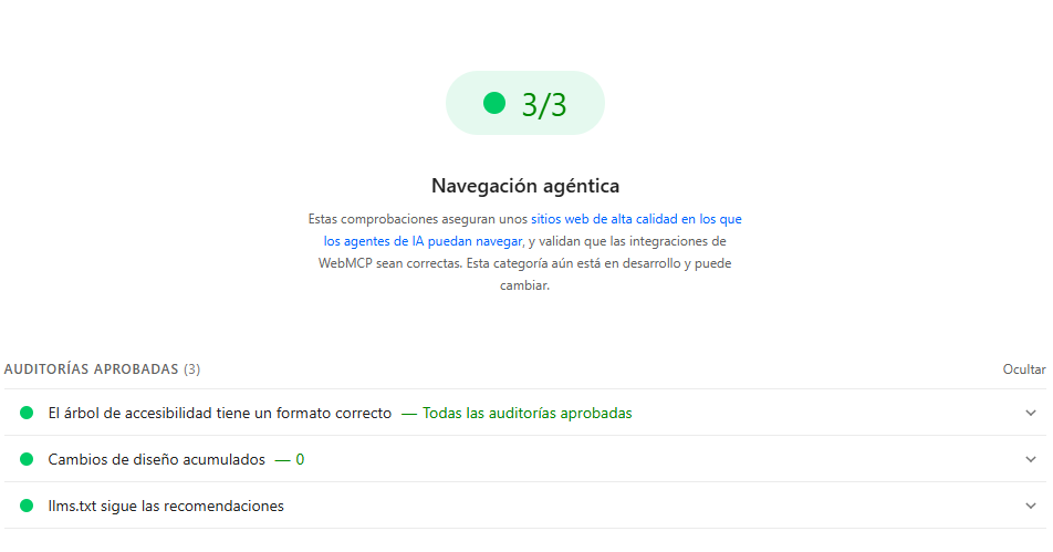 Navegación agéntica Pagespeed Insights